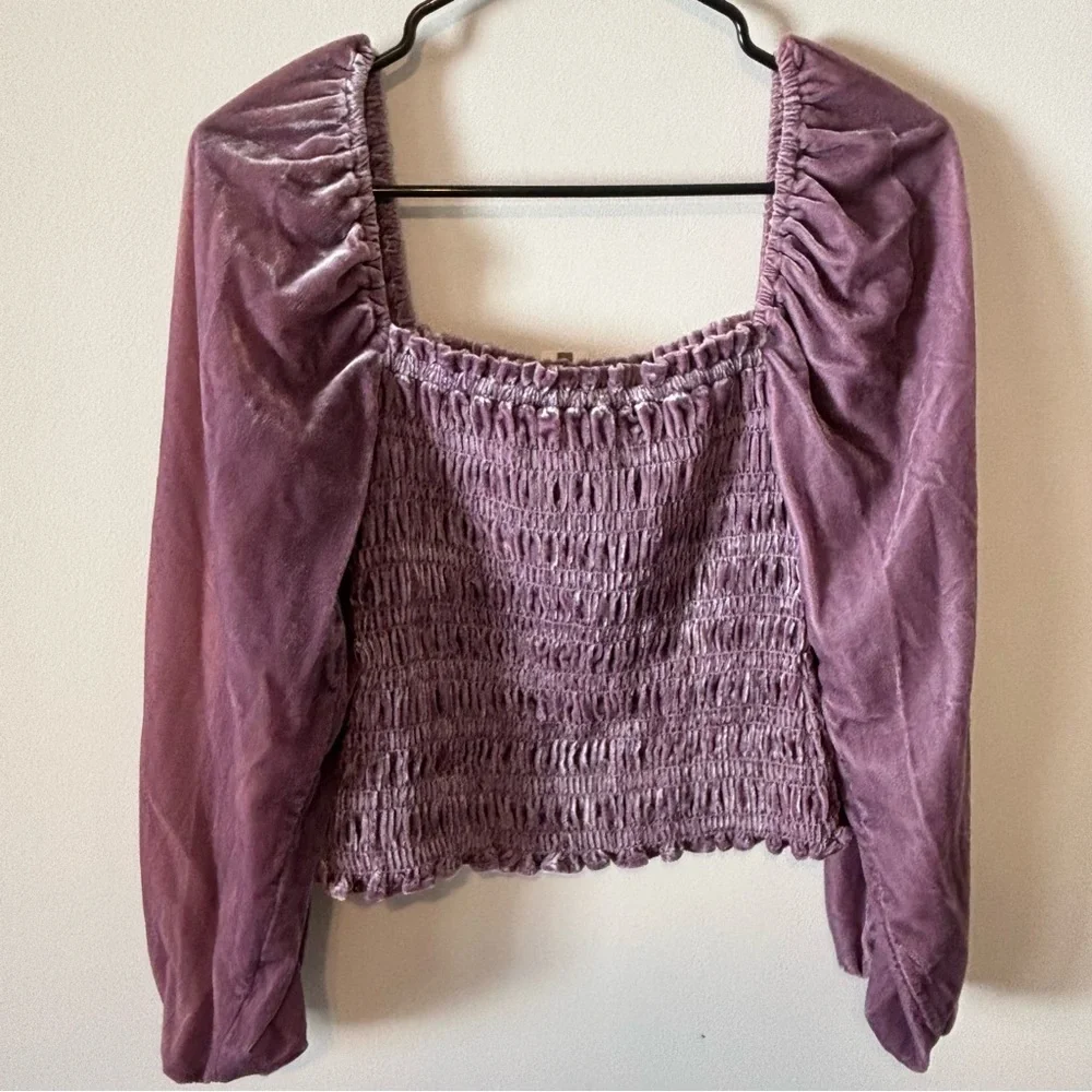 Anthropologie Square-Neck Balloon Sleeve Velvet Smocked Dusty Purple Top Size XS